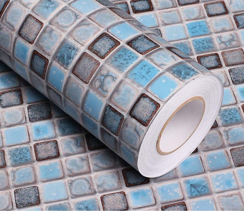 Abyssaly Mosaic Paper Self-Adhesive Thick Removable Peel and Stick Matte Wallpaper for Bathroom Kitchen Counter Blue Shelf Paper 15.7 inch x 78.7 inch - Image 1